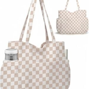 Large corduroy tote bag for women with multiple pockets for work, travel, shopping, and daily use.