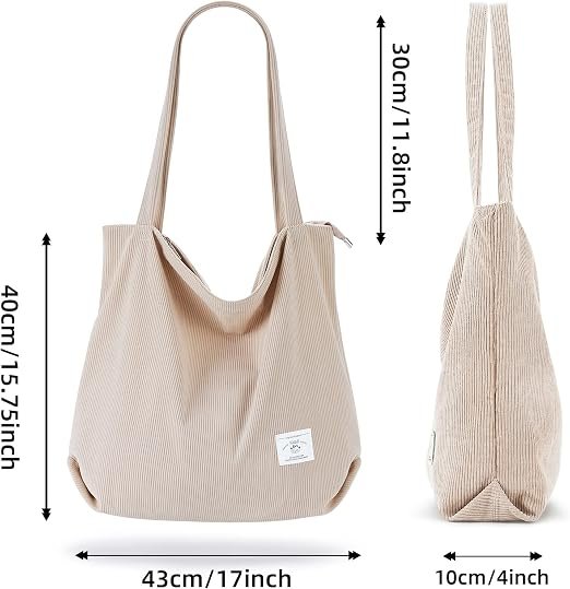 KALIDI corduroy tote bag with zipper closure and interior pockets