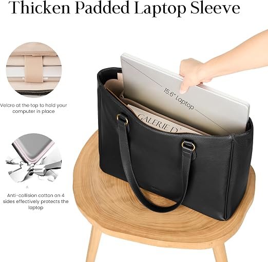 Multiple pockets, card slots, and cup holders inside leather tote