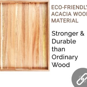 Acacia wood serving tray with handles on coffee table