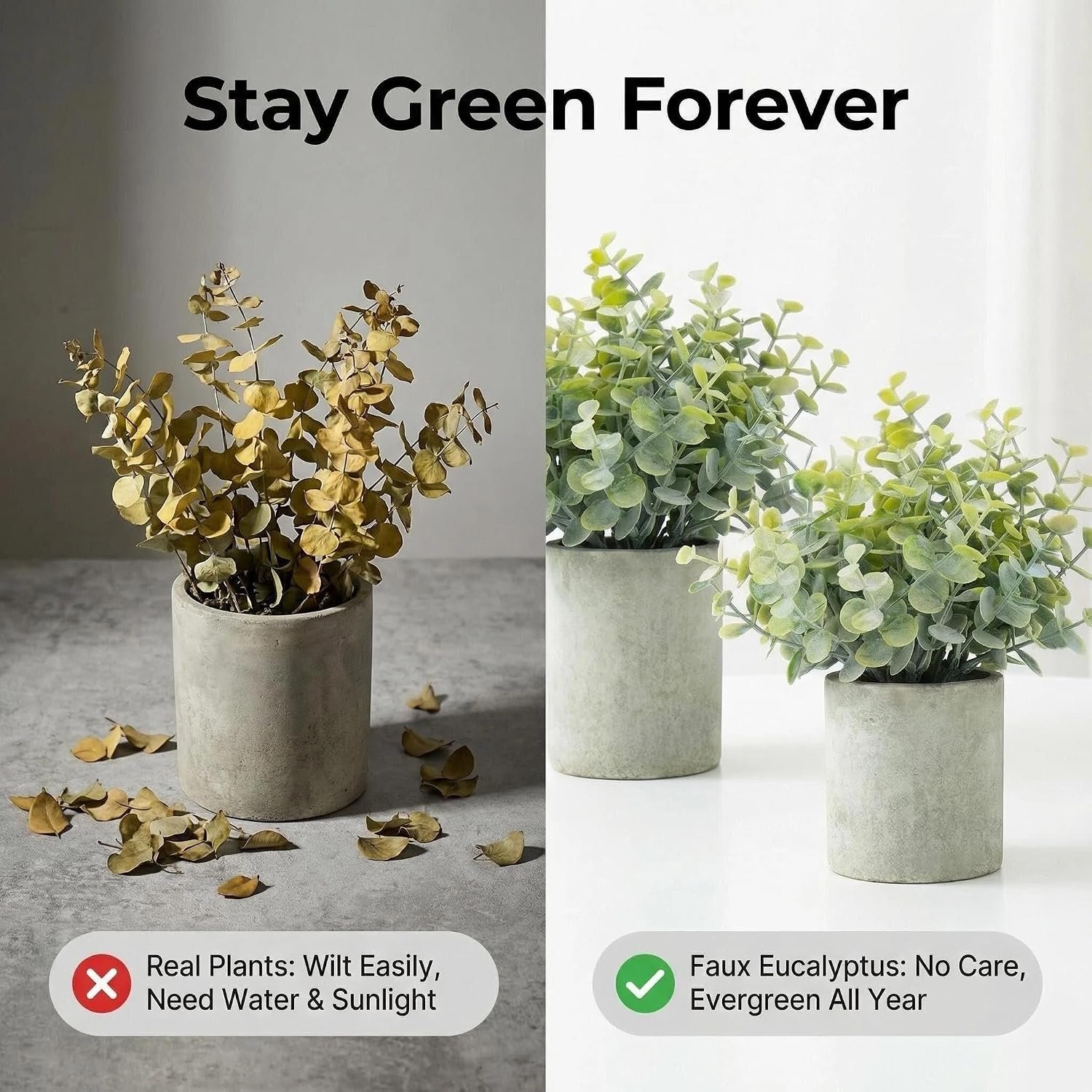 2 pack small faux eucalyptus potted plants for home decor