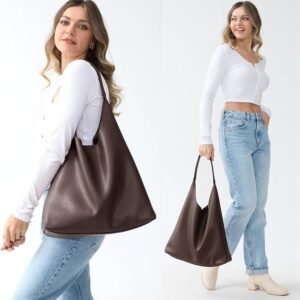 Soft vegan leather hobo bag for women in coffee brown color