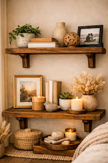 A cozy and stylish home decor setup featuring a round wall mirror, decorative shelves, and simple accents that create an elegant and welcoming look.