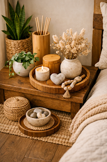 A cozy decor idea featuring a decorative wooden tray and carefully arranged accents that add warmth, organization, and style to the space.