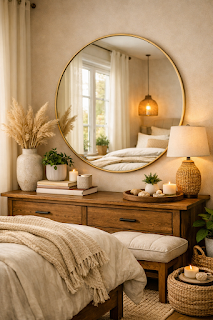 A cozy and stylish home decor setup featuring a round wall mirror, decorative shelves, and simple accents that create an elegant and welcoming look.