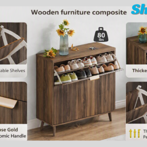 Modern walnut shoe cabinet with two flip drawers, narrow freestanding design, and compact storage for an organized entryway.