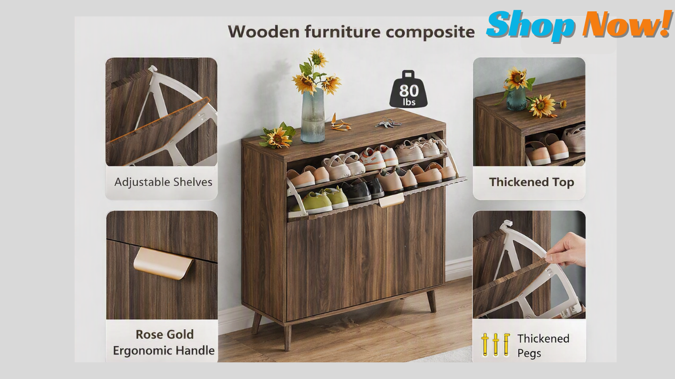 Modern walnut shoe cabinet with two flip drawers, narrow freestanding design, and compact storage for an organized entryway.