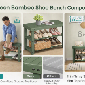 SONGMICS 3-tier bamboo shoe rack bench in forest green, a stylish entryway storage bench for organizing shoes and creating a practical seating area.