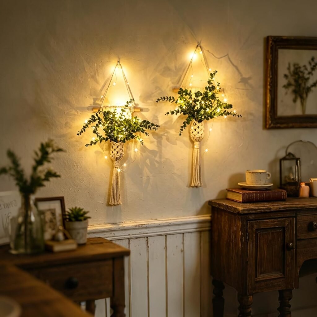 macrame wall hanging artificial plants with warm LED string lights for room decor