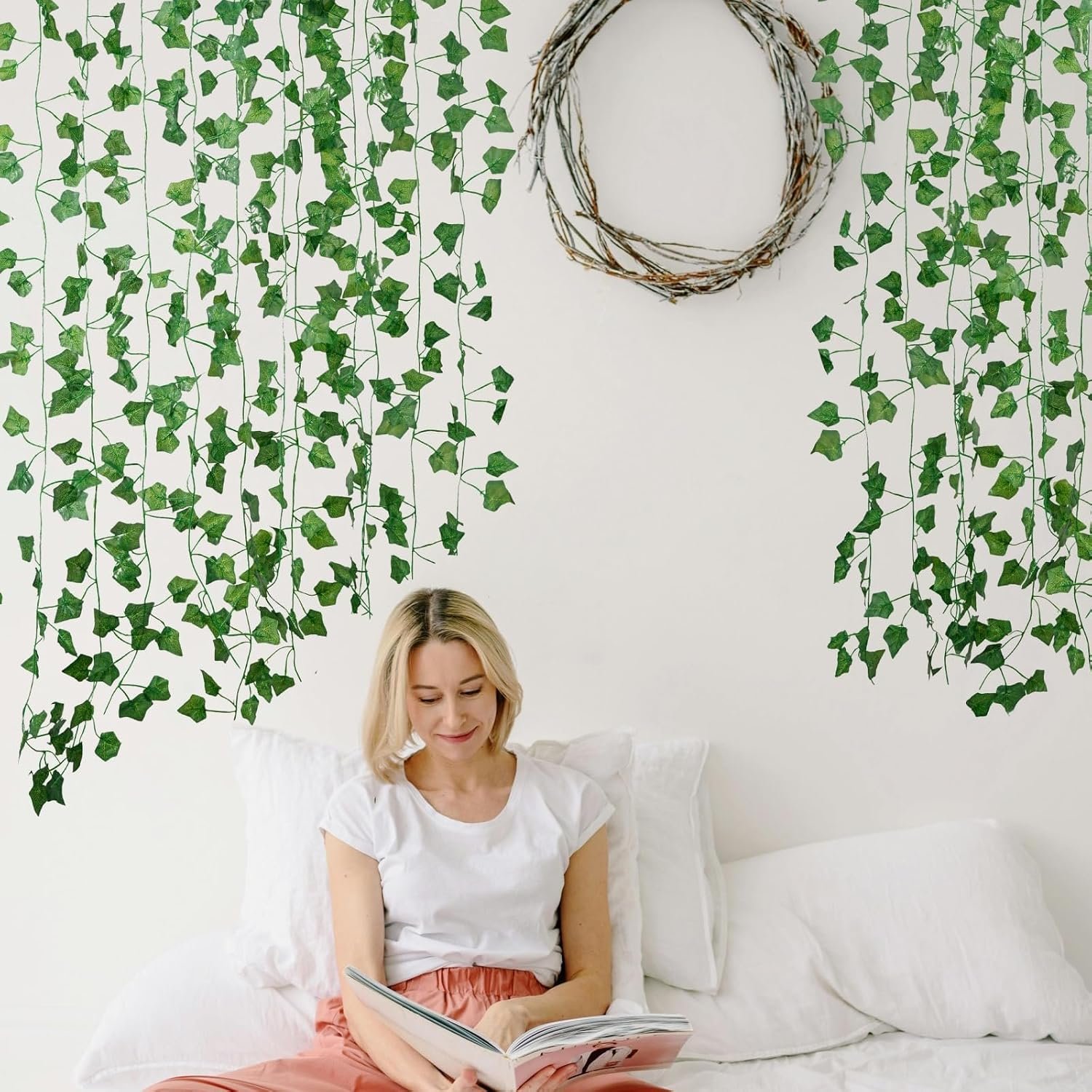 artificial green ivy vines hanging on bedroom wall for aesthetic room decor
