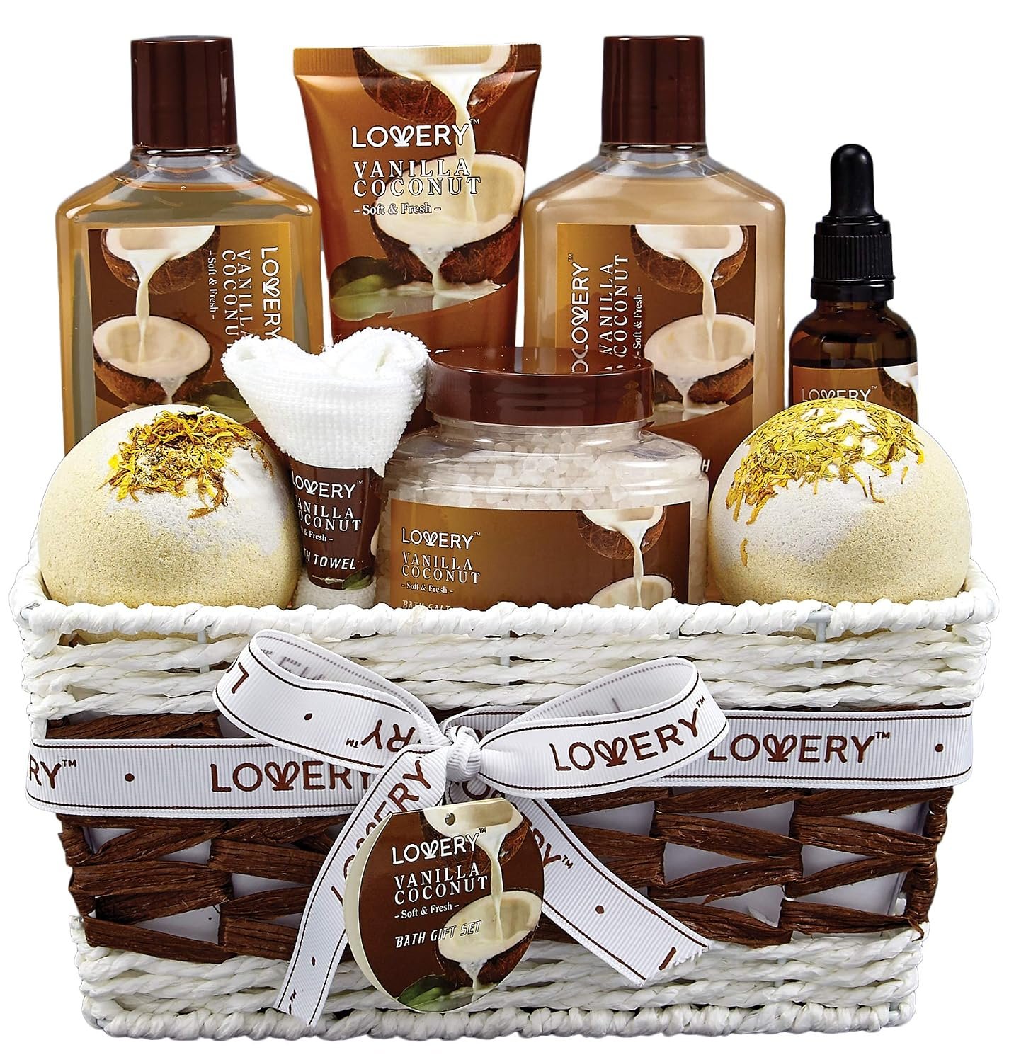 Spa-at-home gift basket with bath and body products, vanilla coconut lotion, bath bombs and relaxing self-care essentials