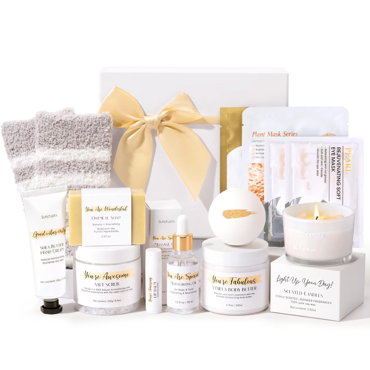 Self-care and beauty Christmas gift basket with skincare products, candles, beauty accessories and bath treats