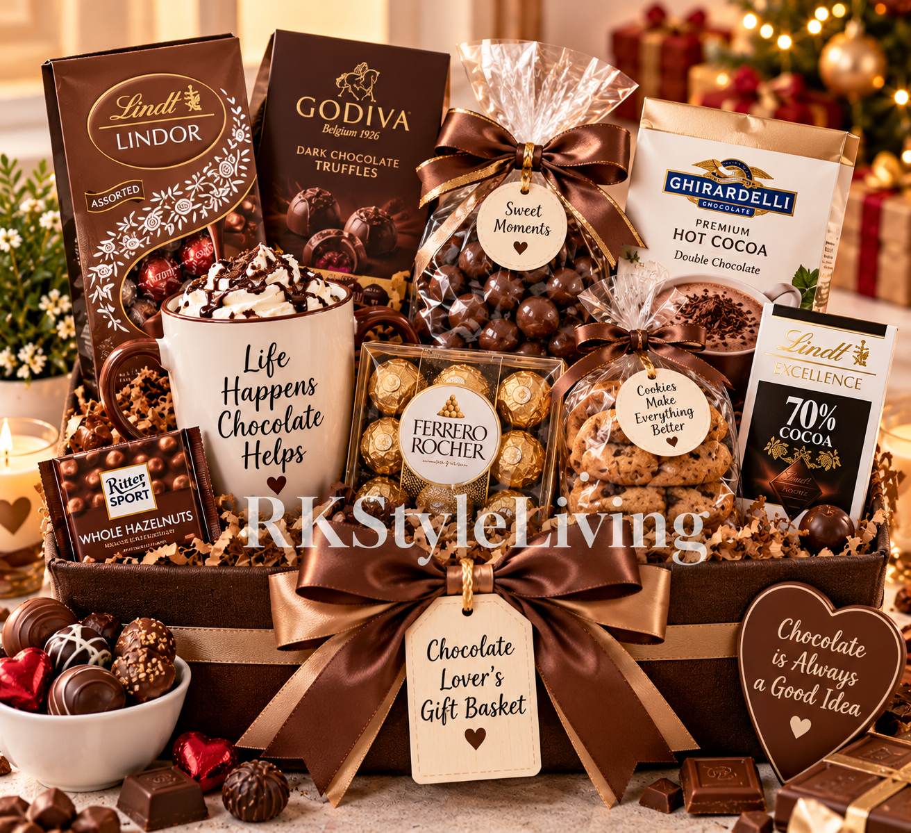 Chocolate lover Christmas gift basket with assorted chocolate bars, candy, truffles, cookies and sweet treats