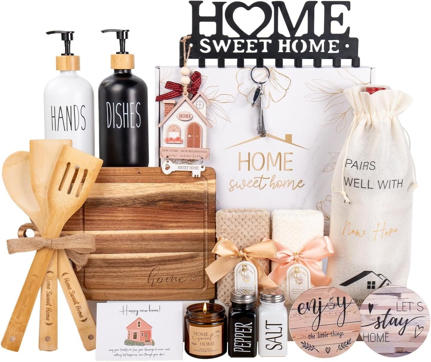 Home decor and housewarming gift basket with decorative accessories, kitchen items, towels and a greeting card