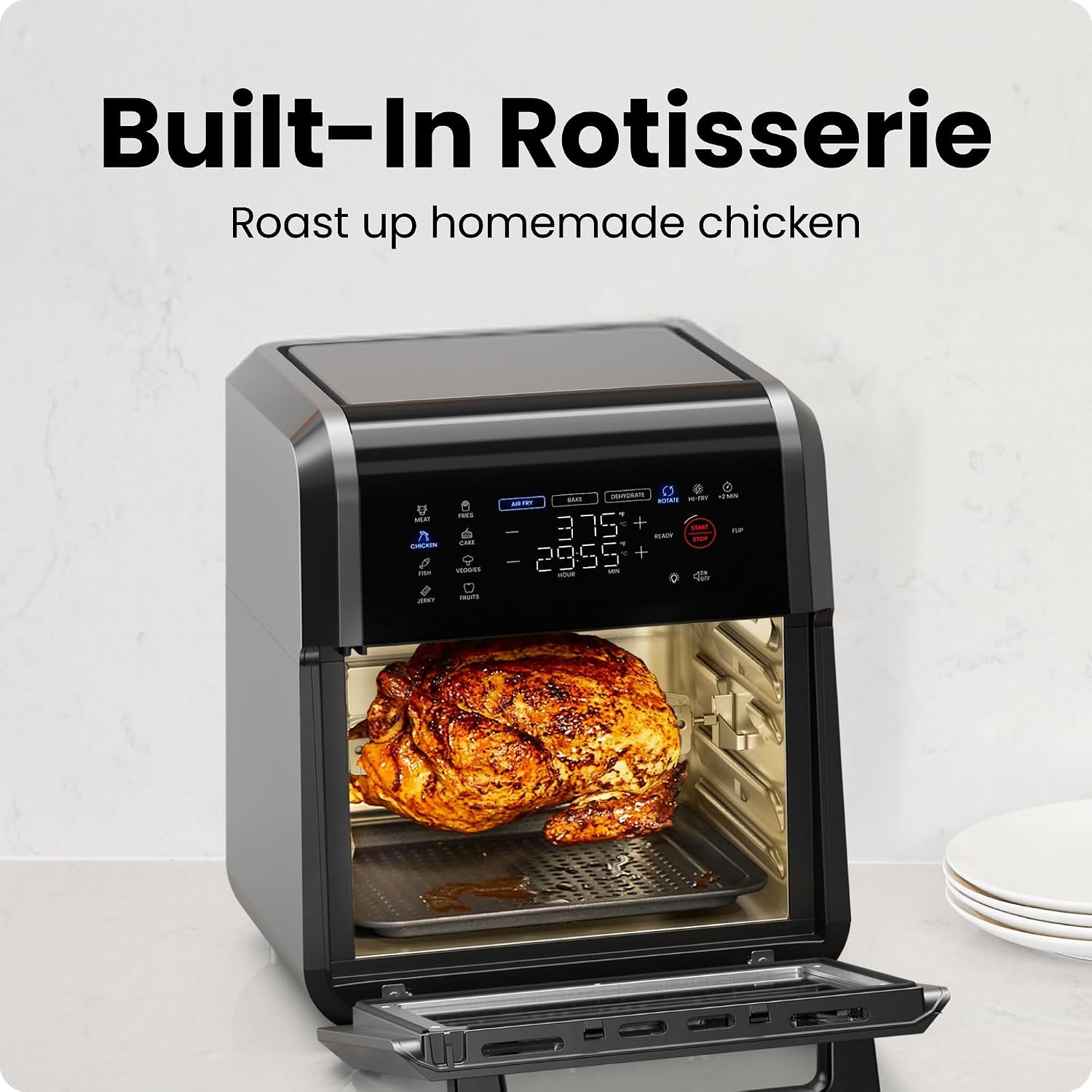 Chefman air fryer oven showing air fry bake dehydrate rotisserie roast and reheat cooking functions