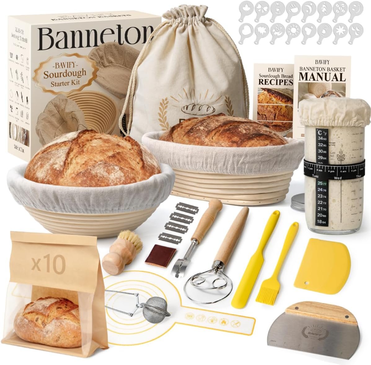 Kitchen lover gift idea featuring a sourdough starter kit, banneton bread proofing baskets and baking supplies