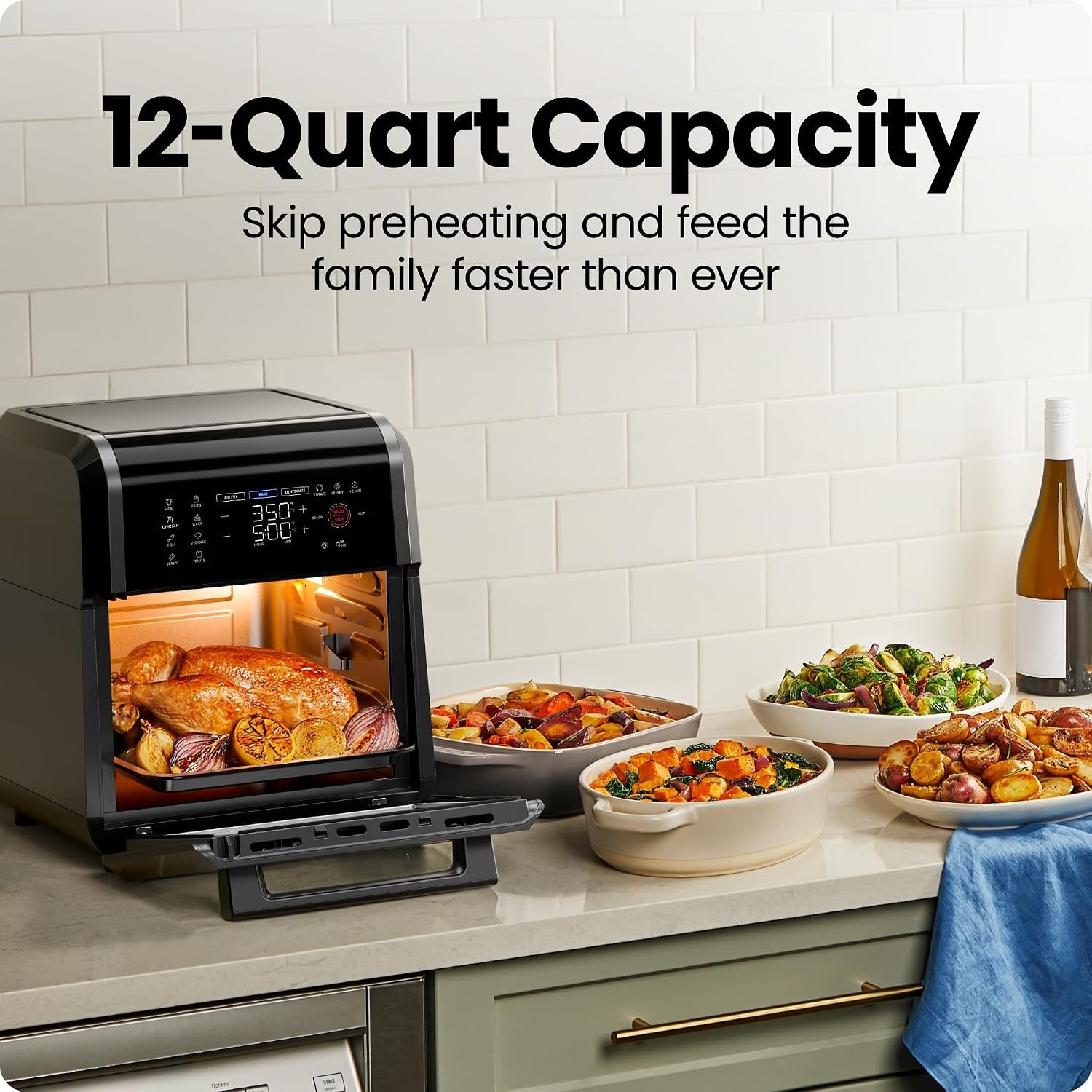Chefman air fryer oven with touchscreen controls large viewing window and dishwasher-safe accessories