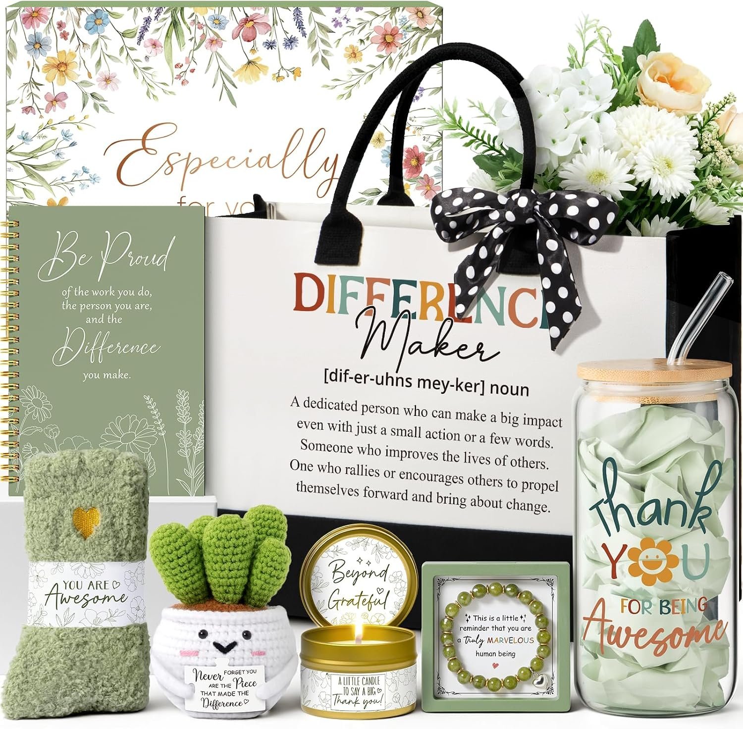Teacher appreciation gift basket with a tote bag, notebook, pens, mug, treats and thank-you gifts