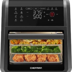 Chefman 12-quart 5-in-1 air fryer oven with digital touchscreen and food inside