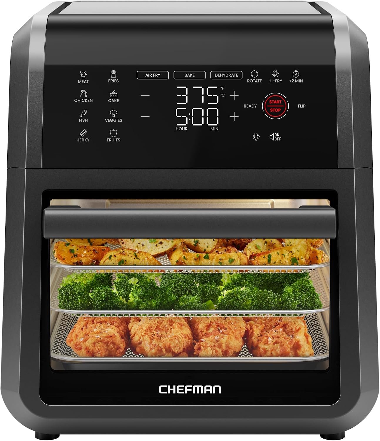 Chefman 12-quart 5-in-1 air fryer oven with digital touchscreen and food inside