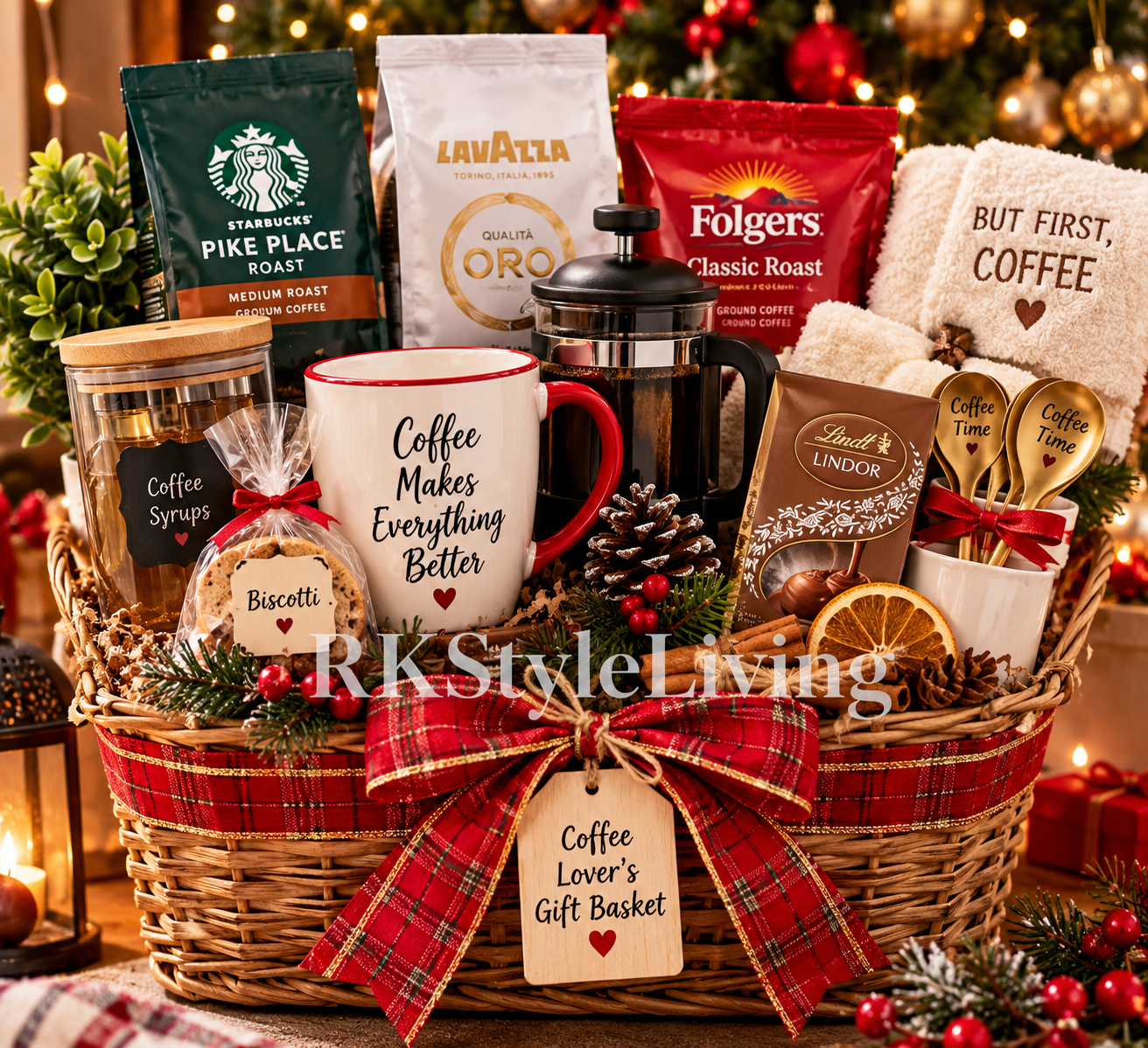 Christmas coffee lover gift basket featuring coffee, mugs, coffee accessories and sweet treats