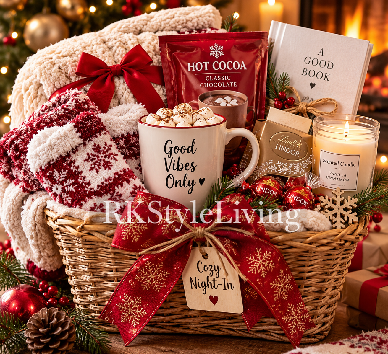 Cozy Night-In Christmas gift basket with a warm blanket, fuzzy socks, mug, hot chocolate, candle and chocolates